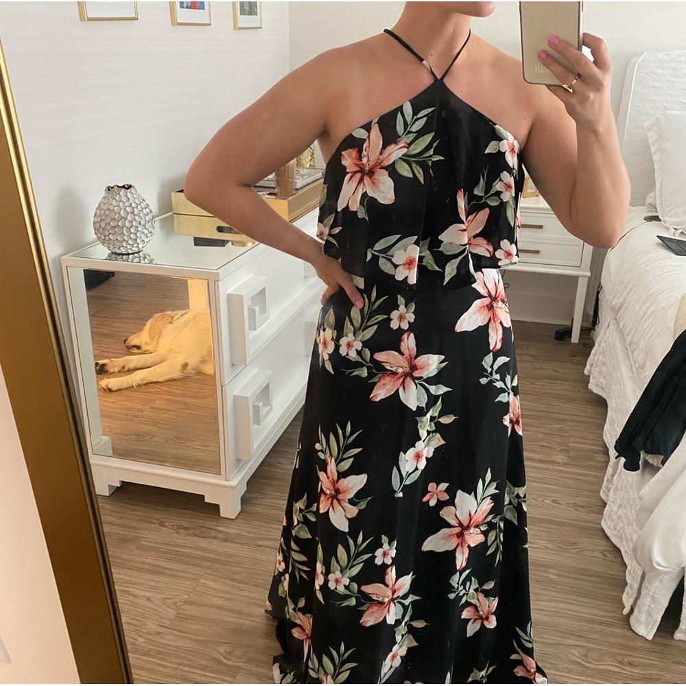 Lulu’s Tropical print halter maxi dress with strappy back